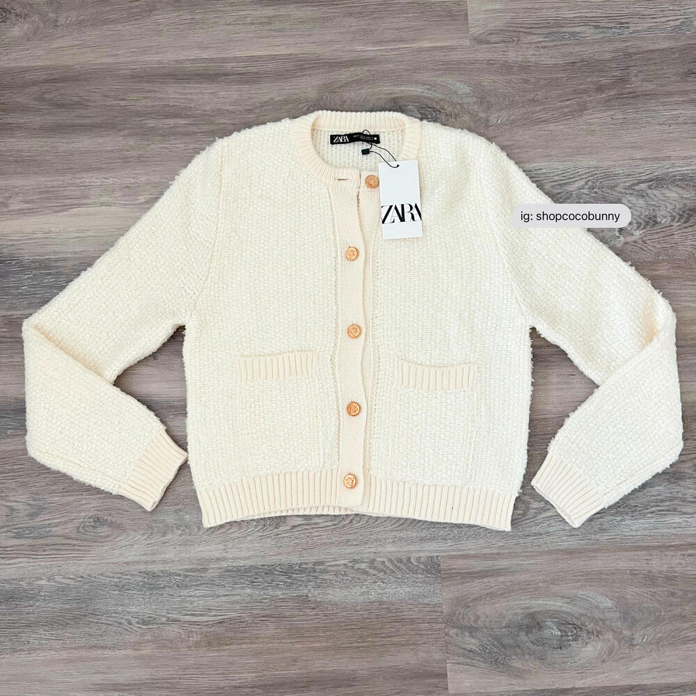 zara bouclé knit cardigan sweater